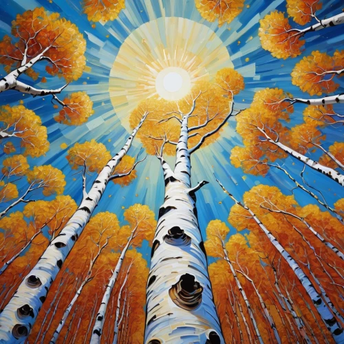 birch tree illustration,aspen,birch forest,birch trees,american aspen,birch tree,sun,birch tree background,painted tree,painting technique,birch alley,birch,golden trumpet trees,khokhloma painting,sweet birch,sun reflection,bright sun,sunburst background,sun burning wood,oil painting on canvas,Photography,General,Realistic