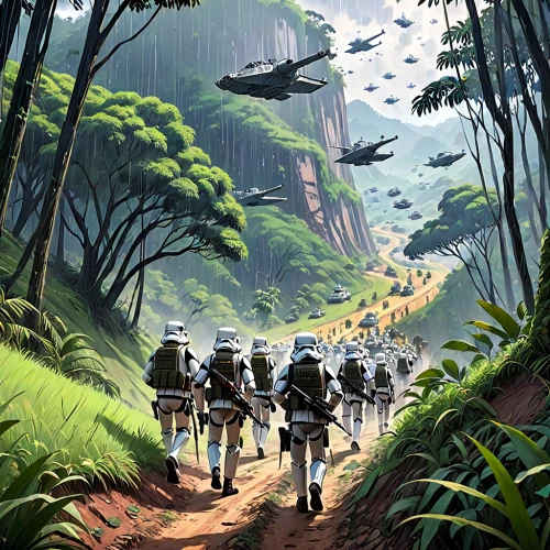 patrols,forest workers,cg artwork,travelers,vietnam,sci fiction illustration,futuristic landscape,hikers,pathfinders,troop,jungle,rain forest,lost in war,patrol,game illustration,guards of the canyon,concept art,rainforest,colony,world digital painting,Anime,Anime,Realistic