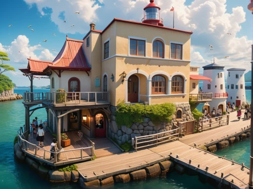 house by the water,seaside resort,popeye village,houseboat,floating huts,house of the sea,waterfront,fishing village,resort town,seaside country,harbor,fisherman's house,boathouse,stilt houses,boat harbor,aqua studio,house with lake,floating restaurant,waterside,treasure house,Photography,General,Cinematic