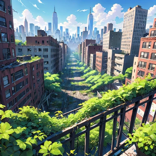 highline,roof landscape,above the city,cityscape,urban landscape,manhattan,street canyon,roof garden,city view,city life,city scape,block balcony,sky apartment,new york,rooftops,neighborhood,highline trail,roofs,big city,fantasy city,Anime,Anime,Realistic