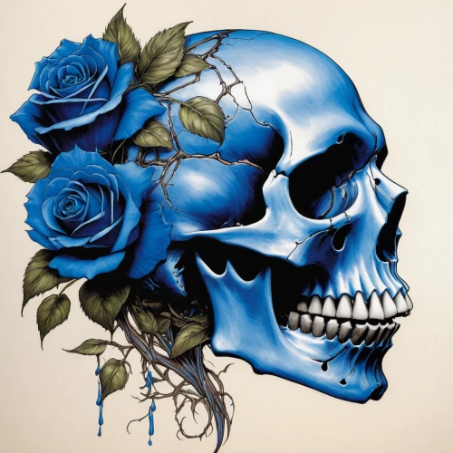 blue rose,scull,skull illustration,skull drawing,memento mori,skull bones,blue rose near rail,skull sculpture,skull allover,skulls and,skulls,dance of death,sugar skull,blue hydrangea,calavera,death's head,death's-head,blue painting,death head,vanitas,Illustration,American Style,American Style 02