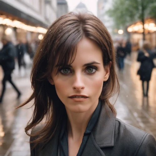 british actress,leather jacket,black coat,pretty woman,attractive woman,policewoman,banks,beautiful woman,brunette,businesswoman,femme fatale,commercial,woman face,woman in menswear,victoria,walking in the rain,layered hair,secret agent,woman walking,model beauty,Photography,Natural