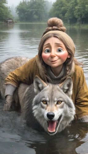 wolf bob,the blonde in the river,pocahontas,west siberian laika,jon boat,dog in the water,girl with dog,mergus,photoshop manipulation,girl with a dolphin,crocodile woman,cgi,girl on the river,human and animal,east siberian laika,digital compositing,laika,photomanipulation,lake tanuki,dogecoin,Photography,Realistic