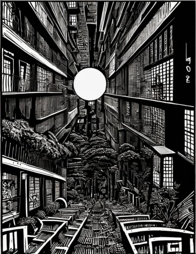 panopticon,escher,industrial landscape,metropolis,industrial,sci fiction illustration,black city,woodcut,factories,panoramical,industrial hall,blind alley,industry,the boiler room,industrial ruin,post-apocalyptic landscape,mono line art,david bates,compans-cafarelli,cool woodblock images,Art sketch,Art sketch,Woodcut