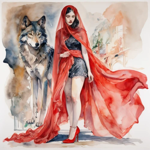 red riding hood,little red riding hood,scarlet witch,fashion illustration,red cape,red wolf,wolf,red coat,wolves,howl,redfox,kitsune,howling wolf,the fur red,girl with dog,canis lupus,man in red dress,lady in red,rouge,red shoes,Conceptual Art,Oil color,Oil Color 18