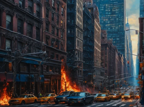 new york streets,city in flames,apocalyptic,world digital painting,digital compositing,manhattan,post-apocalyptic landscape,the conflagration,new york,city scape,destroyed city,apocalypse,photomanipulation,photo manipulation,newyork,post apocalyptic,post-apocalypse,sci fiction illustration,urban landscape,photoshop manipulation,Photography,General,Fantasy