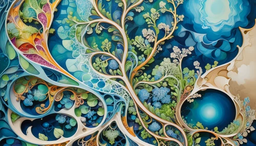 flora abstract scrolls,glass painting,blue birds and blossom,fractals art,enamelled,oriental painting,floral composition,art nouveau,floral ornament,detail shot,art nouveau design,colorful tree of life,watercolor seashells,motifs of blue stars,meticulous painting,heart and flourishes,flourishes,decorative art,swirls,ornamental dividers,Unique,Design,Blueprint