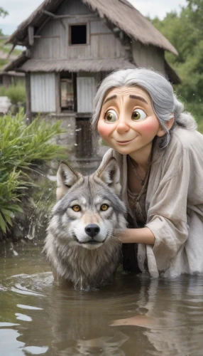 pocahontas,lake tanuki,laika,cgi,west siberian laika,dogecoin,wolf bob,mergus,the blonde in the river,mud village,studio ghibli,digital compositing,dog in the water,b3d,jon boat,sōmen,east siberian laika,pi mai,crocodile woman,komajirou,Photography,Realistic