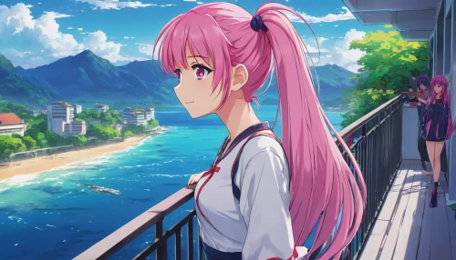 honolulu,sakura background,landscape background,gondola,sanya,background image,background images,beach background,love background,japanese sakura background,summer background,ocean view,ocean background,pink hair,dusk background,erika,luka,ponytail,background screen,scenery,Illustration,Japanese style,Japanese Style 03