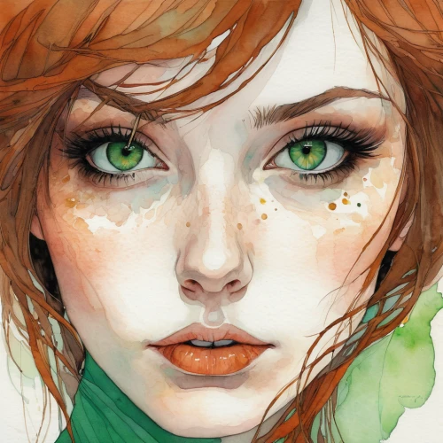 nami,poison ivy,green eyes,dryad,freckles,emerald,faery,fantasy portrait,dewdrop,clementine,natura,fae,green skin,flora,transistor,freckle,watercolor paint,fawn,clover,faerie,Illustration,Paper based,Paper Based 19