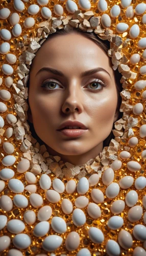 egg shell,pearl necklace,water pearls,fractalius,seashells,wet water pearls,pearl necklaces,sea shell,jeweled,girl in a wreath,icon magnifying,egg shells,woman face,surface tension,woman's face,head of garlic,painted eggshell,egg face,mary-gold,head woman,Photography,General,Cinematic