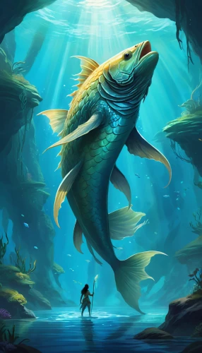 underwater background,god of the sea,merfolk,mermaid background,giant fish,game illustration,forest fish,angler,coelacanth,fish-surgeon,underwater fish,surface lure,fish in water,freshwater fish,the fish,fish supply,aquatic life,the river's fish and,big-game fishing,blue fish,Illustration,Realistic Fantasy,Realistic Fantasy 01