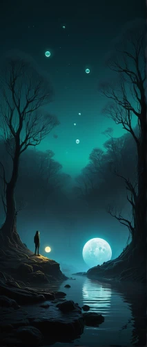 fantasy picture,sci fiction illustration,moonlit night,fantasy landscape,night scene,world digital painting,moon and star background,alien planet,bioluminescence,alien world,moons,lunar landscape,ufo,nightscape,moonlit,ufos,sea night,nocturnes,moonscape,fantasy art,Illustration,Realistic Fantasy,Realistic Fantasy 17