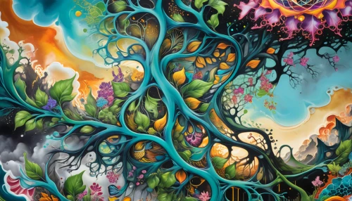 colorful tree of life,flourishing tree,tree of life,celtic tree,magic tree,psychedelic art,watercolor tree,painted tree,tree grove,the branches of the tree,flora abstract scrolls,mother earth,branching,rooted,tree and roots,mushroom landscape,the branches,the trees,uprooted,dryad,Conceptual Art,Graffiti Art,Graffiti Art 09