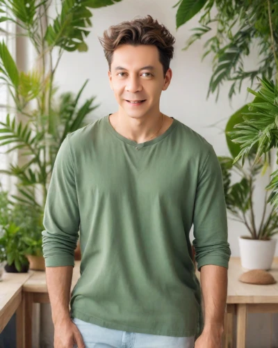 male model,long-sleeved t-shirt,green background,active shirt,green living,indian celebrity,danila bagrov,gardener,naturopathy,cotton top,diet icon,the green coconut,aa,green plants,shirt,latino,botanical print,itamar kazir,biel,social,Photography,Realistic