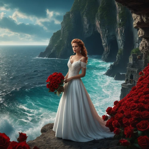 celtic woman,fantasy picture,romantic portrait,way of the roses,romantic rose,red roses,fantasy art,with roses,celtic queen,honeymoon,romantic scene,world digital painting,red rose,scent of roses,the sea maid,aphrodite's rock,photo manipulation,romantic look,rosebushes,yellow rose background,Photography,General,Fantasy