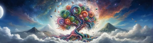 colorful tree of life,psychedelic art,astral traveler,ascension,earth chakra,tree of life,fractals art,meridians,dimensional,wormhole,firmament,fantasy art,cosmic flower,inner space,the universe,shamanism,metatron's cube,apophysis,consciousness,mysticism