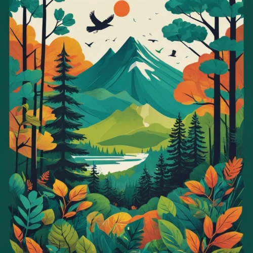 travel poster,autumn mountains,fall landscape,autumn landscape,autumn forest,forest landscape,forest background,mountain scene,autumn theme,mountains,autumn background,vector illustration,coniferous forest,mountain landscape,landscape background,autumn camper,birch tree illustration,forests,alaska,nature landscape,Illustration,Vector,Vector 08