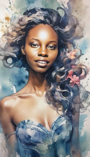 african american woman,oil painting on canvas,beautiful african american women,airbrushed,watercolor women accessory,african woman,black woman,artificial hair integrations,nigeria woman,art painting,mermaid background,portrait background,glass painting,fantasy woman,meticulous painting,colored pencil background,fashion illustration,mother earth,oil on canvas,fabric painting,Digital Art,Watercolor