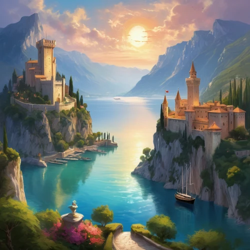 fantasy landscape,fantasy picture,world digital painting,fantasy art,water castle,castel,landscape background,fairy tale castle,fairytale castle,fantasy world,castle of the corvin,knight's castle,lake garda,lombardy,fantasy city,imperial shores,mountain settlement,beautiful landscape,3d fantasy,an island far away landscape,Illustration,Realistic Fantasy,Realistic Fantasy 01