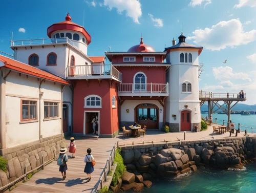 house of the sea,seaside resort,red lighthouse,lighthouse,popeye village,petit minou lighthouse,monkey island,seaside country,light station,electric lighthouse,light house,vizcaya,studio ghibli,house by the water,render,aqua studio,ms island escape,waterfront,development concept,3d render,Photography,General,Cinematic