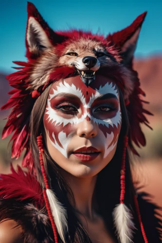 desert fox,red wolf,shamanic,native american indian dog,tribal masks,shamanism,redfox,warrior woman,red chief,kit fox,indigenous culture,american indian,headdress,face paint,red fox,tribal chief,howling wolf,aboriginal culture,aborigine,kitsune,Photography,General,Realistic