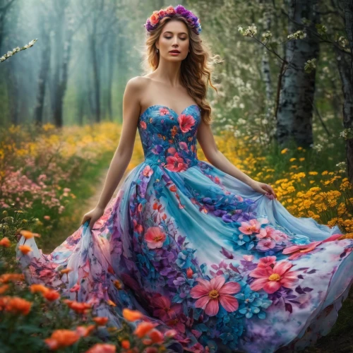 girl in a long dress,beautiful girl with flowers,girl in flowers,floral dress,ballerina in the woods,a girl in a dress,colorful floral,flower fairy,fairy peacock,faerie,girl in the garden,fairy queen,enchanting,splendor of flowers,faery,garden fairy,flower girl,floral,fairy forest,country dress,Photography,General,Fantasy