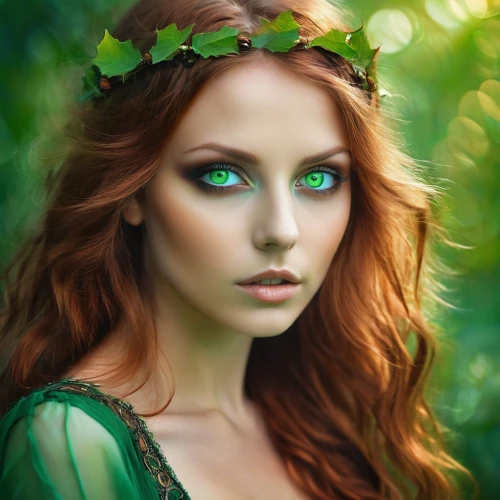 faery,faerie,dryad,poison ivy,celtic woman,fae,fantasy portrait,the enchantress,fairy queen,green eyes,celtic queen,elven flower,green wreath,mystical portrait of a girl,fantasy art,fantasy picture,elven,anahata,emerald,green aurora,Illustration,Realistic Fantasy,Realistic Fantasy 37