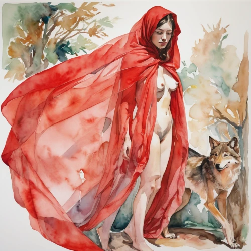 red riding hood,little red riding hood,scarlet witch,red cape,watercolor,red coat,watercolor painting,kitsune,girl with dog,watercolour fox,watercolor sketch,watercolors,watercolour,red wolf,man in red dress,watercolor paint,redfox,dryad,red gown,watercolor dog,Conceptual Art,Oil color,Oil Color 18