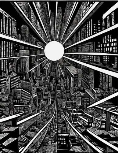 panopticon,sci fiction illustration,metropolis,panoramical,black city,escher,klaus rinke's time field,metropolises,parallel worlds,city cities,kowloon city,science-fiction,virtual world,comic book bubble,science fiction,incidence of light,city scape,magneto-optical disk,blind alley,destroyed city,Art sketch,Art sketch,Woodcut