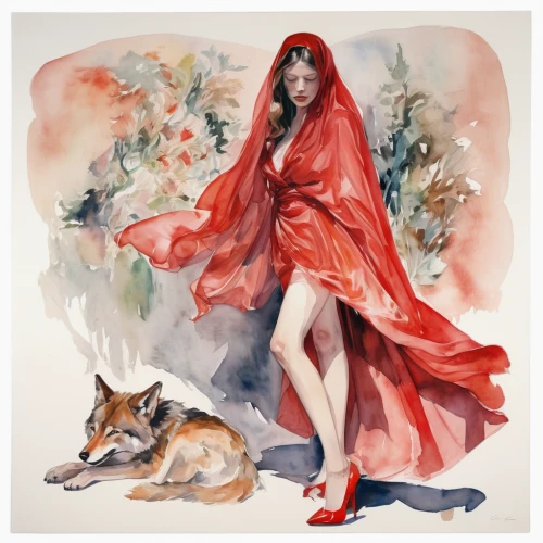 red riding hood,little red riding hood,fashion illustration,red coat,red cape,scarlet witch,kitsune,redfox,girl with dog,man in red dress,lady in red,the fur red,borzoi,red fox,afghan hound,red wolf,dog illustration,red gown,raincoat,feist,Conceptual Art,Oil color,Oil Color 18