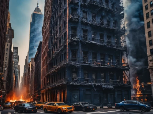 destroyed city,new york streets,city in flames,new york,high-rises,manhattan,the conflagration,apocalyptic,newyork,dystopian,1 wtc,1wtc,world trade center,high rises,tall buildings,post apocalyptic,wall street,post-apocalypse,wtc,building rubble,Photography,General,Fantasy