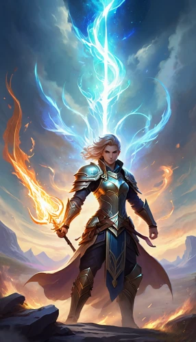 god of thunder,tiber riven,wind warrior,lightning,monsoon banner,rune,show off aurora,lightning bolt,zeus,dane axe,summoner,lightning storm,poseidon god face,thor,elza,strom,torchlight,runes,fire background,goddess of justice,Illustration,Realistic Fantasy,Realistic Fantasy 01