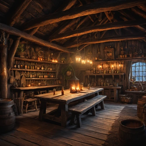 apothecary,tavern,candlemaker,collected game assets,potions,brandy shop,ancient house,blackhouse,wooden beams,blacksmith,wine cellar,merchant,wooden construction,the kitchen,kitchen interior,pantry,medieval architecture,tinsmith,hobbiton,soap shop,Photography,General,Fantasy