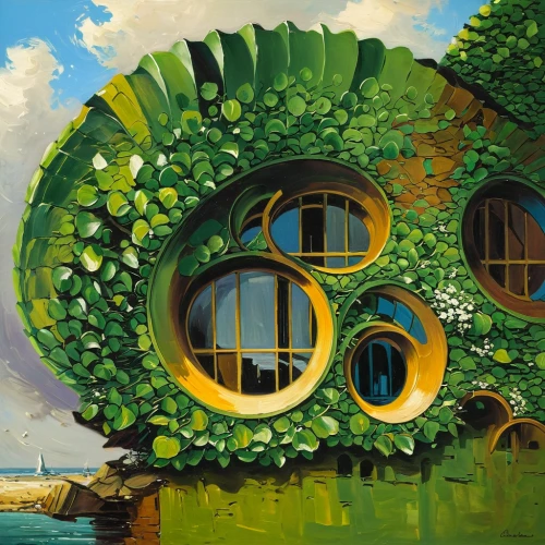 eco hotel,eco-construction,tree house,green wreath,tree house hotel,environmental art,green living,hobbiton,permaculture,round house,treehouse,green bubbles,house of the sea,studio ghibli,floating islands,insect house,ecological,eco,porthole,renewable,Conceptual Art,Oil color,Oil Color 06