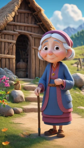 agnes,goatherd,cute cartoon character,villagers,hobbit,geppetto,granny,elf,grandma,clay animation,fairy tale character,old woman,main character,gnome,grandmother,alpine pastures,clove garden,the lavender flower,alpine village,the little girl,Unique,3D,3D Character