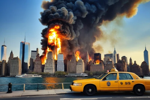 new york taxi,city in flames,9 11,911,september 11,the conflagration,yellow taxi,fire disaster,terrorist attacks,burned down,fire-fighting,sweden fire,wtc,yellow cab,1wtc,1 wtc,terrorist attack,taxicabs,conflagration,taxi cab,Photography,Artistic Photography,Artistic Photography 14