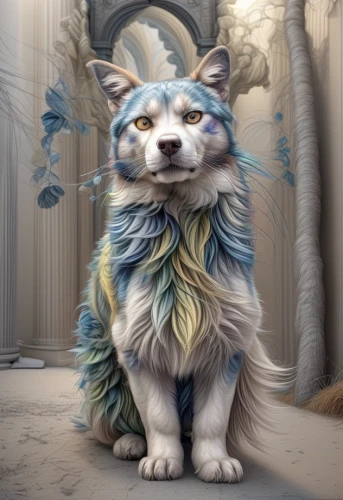 forest king lion,canidae,anthropomorphized animals,fantasy portrait,welschcorgi,pet portrait,animals play dress-up,furry,griffon bruxellois,furta,fairy tale character,whimsical animals,fantasy art,pet,gryphon,ori-pei,portrait background,west siberian laika,fantasy picture,merlin