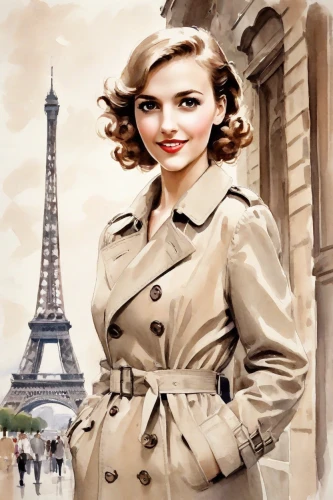 paris clip art,french digital background,world digital painting,girl in a historic way,vintage woman,art deco background,universal exhibition of paris,portrait background,women fashion,vintage girl,paris,photo painting,retro woman,image manipulation,photoshop manipulation,trench coat,vintage fashion,eiffel,vintage women,audrey hepburn,Digital Art,Watercolor