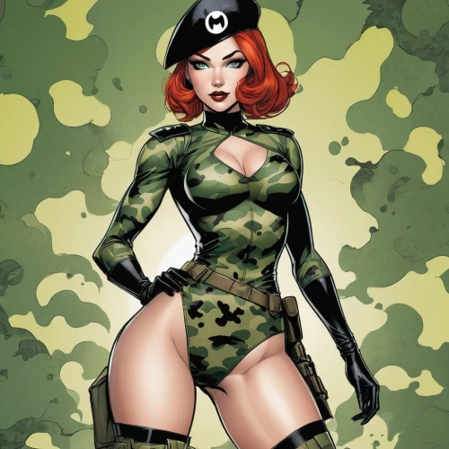 poison ivy,background ivy,riddler,black widow,patrol,military uniform,ivy,harley,military person,brigadier,captain p 2-5,military,cap,poison,a uniform,beret,military officer,gi,pinup girl,birds of prey,Illustration,American Style,American Style 13
