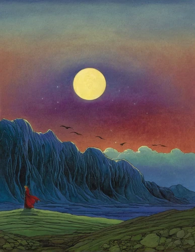 red cloud,shirakami-sanchi,valley of the moon,pachamama,lunar landscape,moonrise,phase of the moon,mountain sunrise,journey,moon valley,the spirit of the mountains,khokhloma painting,kurai steppe,indigenous painting,northen light,the wanderer,high landscape,moonscape,skywatch,full moon day,Illustration,Realistic Fantasy,Realistic Fantasy 04