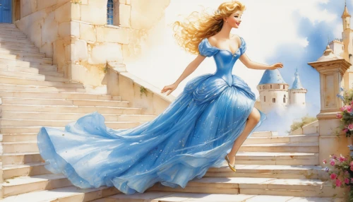 cinderella,rapunzel,ball gown,fairy tale character,fantasy picture,princess sofia,girl on the stairs,celtic woman,fantasia,fantasy art,fairy tale,fairytales,the snow queen,fairytale,blue enchantress,elsa,fairy queen,fantasy woman,cinderella's castle,fairy tales,Illustration,Japanese style,Japanese Style 01