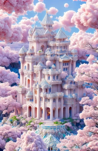 fairy tale castle,fairytale castle,3d fantasy,water castle,fantasy city,fantasy world,temples,palace,house of the sea,knight's castle,stone palace,castle,fantasy picture,fairy world,sakura tree,marble palace,dream world,whipped cream castle,fractals art,dragon palace hotel