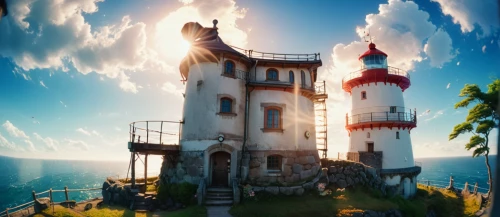 lighthouse,petit minou lighthouse,studio ghibli,electric lighthouse,light house,fairy chimney,fantasy picture,red lighthouse,house of the sea,3d fantasy,fairy tale castle,fairytale castle,lookout tower,sea fantasy,panoramical,summit castle,seaside resort,fantasy landscape,world digital painting,fantasy world,Photography,General,Cinematic