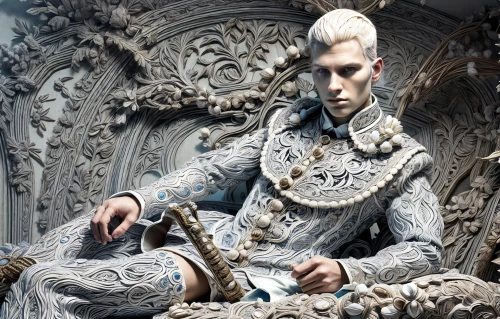 imperial coat,male elf,silversmith,silver lacquer,cullen skink,silver octopus,suit of the snow maiden,father frost,huntsman,prince of wales feathers,baroque,aristocrat,eternal snow,watchmaker,silvery,throne,king arthur,the throne,silver,monarchy