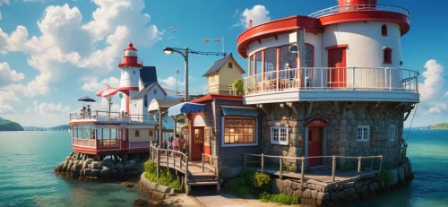 red lighthouse,seaside resort,popeye village,lighthouse,house of the sea,electric lighthouse,floating huts,house by the water,houseboat,petit minou lighthouse,lifeguard tower,light house,sea fantasy,seaside country,stilt houses,studio ghibli,lightship,cube stilt houses,harbor,monkey island,Photography,General,Cinematic