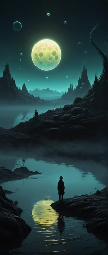 lunar landscape,moonscape,moonlit night,alien planet,moonlit,fantasy landscape,swampy landscape,alien world,world digital painting,futuristic landscape,moonrise,night scene,earth rise,moons,nightscape,moon and star background,moon at night,fantasy picture,sci fiction illustration,moonlight,Illustration,Realistic Fantasy,Realistic Fantasy 17