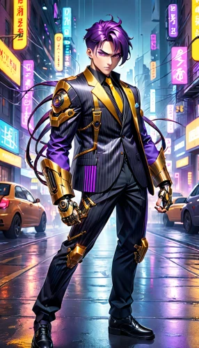 cyberpunk,purple and gold,yukio,abra,electro,gold and purple,kryptarum-the bumble bee,monsoon banner,yang,tangelo,male character,purple background,lex,cg artwork,hk,hong,drexel,superhero background,cyber,game illustration,Anime,Anime,General