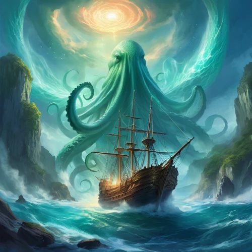 sea fantasy,cuthulu,god of the sea,kraken,maelstrom,sea god,poseidon,fantasy picture,sea monsters,emerald sea,fantasy art,merfolk,the wind from the sea,ghost ship,giant squid,green mermaid scale,under sea,nautilus,green aurora,exploration of the sea,Illustration,Realistic Fantasy,Realistic Fantasy 01