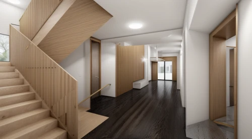 hallway space,3d rendering,core renovation,wooden stairs,wooden stair railing,room divider,render,daylighting,outside staircase,archidaily,interior modern design,winding staircase,walk-in closet,shared apartment,stairwell,plywood,laminated wood,hallway,an apartment,timber house